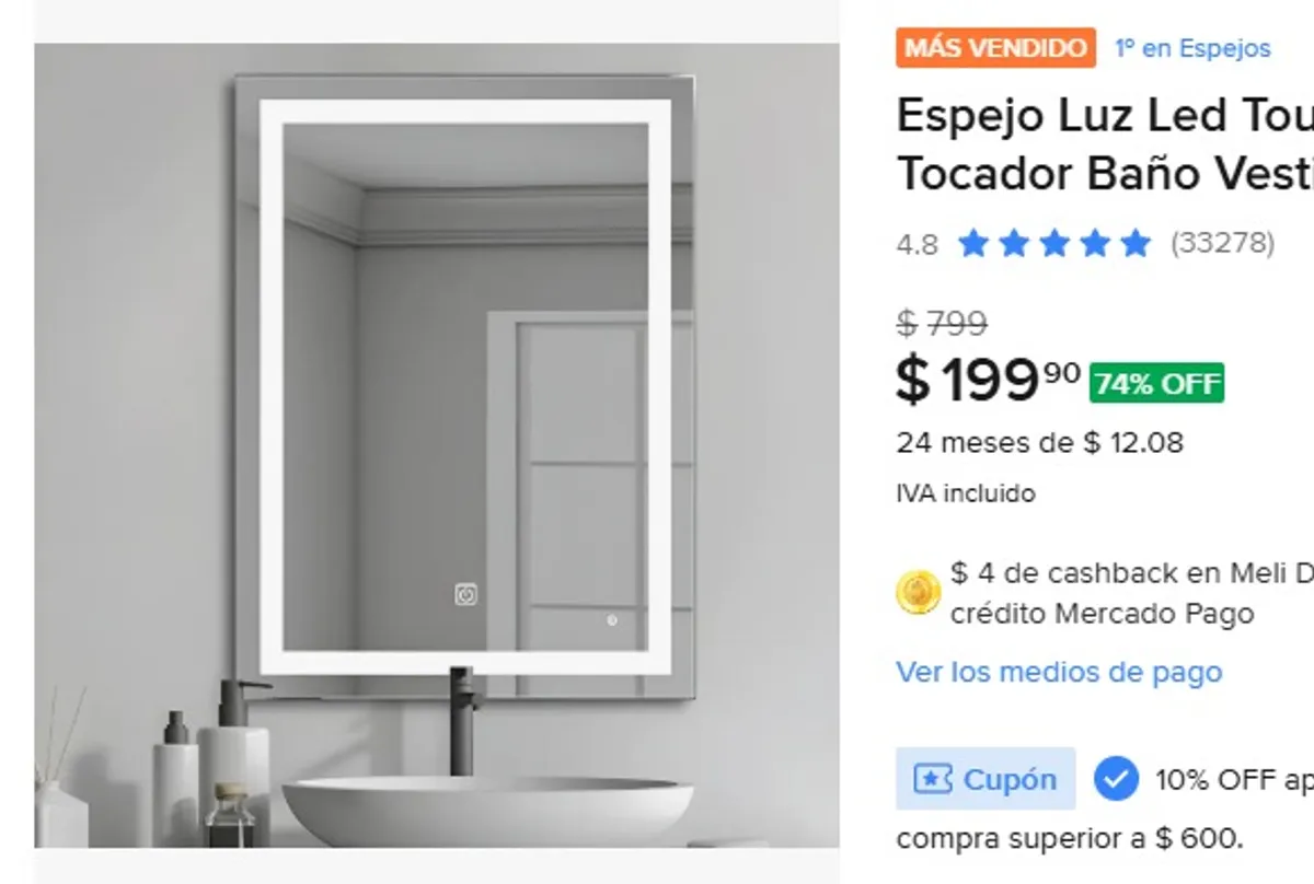 Espejo Luz Led Touch Pared Tocador Baño Vestidor 3 Luces