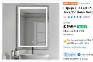 Espejo Luz Led Touch Pared Tocador Baño Vestidor 3 Luces
