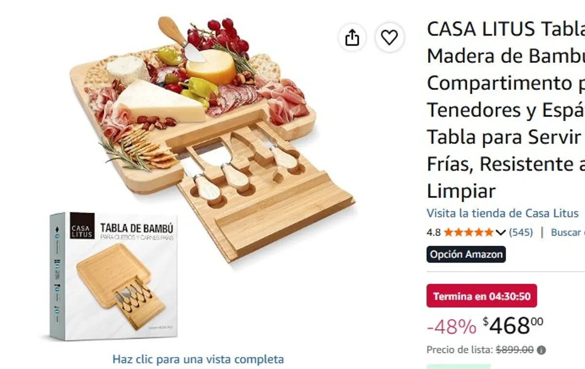 CASA LITUS Tabla para Quesos de Madera de Bambú, con Compartimento para Cuchillos, Tenedores y Espátulas (Incluidos), Tabla para Servir Botanas y Carnes Frías, Resistente al Agua, Fácil de Limpiar