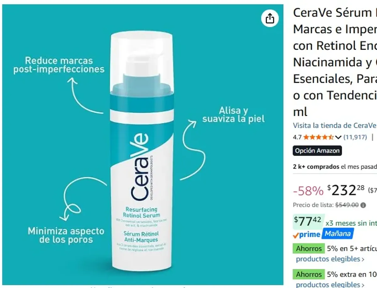 CeraVe Sérum Retinol Anti-Marcas e Imperfecciones con Retinol Encapsulado, Niacinamida y Ceramidas Esenciales, Para Piel Grasa o con Tendencia al Acné, 30 ml