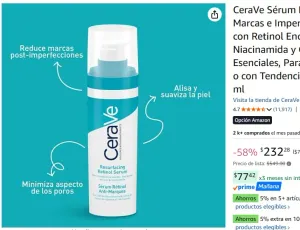 CeraVe Sérum Retinol Anti-Marcas e Imperfecciones con Retinol Encapsulado, Niacinamida y Ceramidas Esenciales, Para Piel Grasa o con Tendencia al Acné, 30 ml
