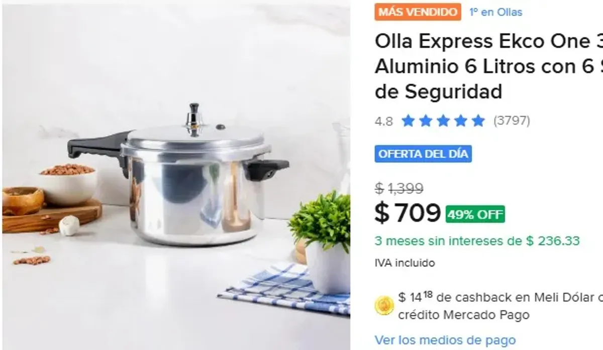 Olla Express Ekco One 31091 de Aluminio 6 Litros con 6 Sistemas de Seguridad