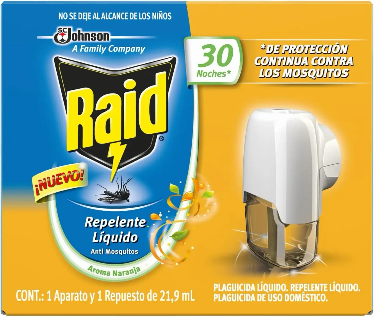 Raid Repelente Líquido, Mata y Repele Mosquitos, Plaguicida de Uso Doméstico, 30 Usos, Aroma Naranja, 1 Aparato y 1 Repuesto de 21.9mL, Kit de inicio