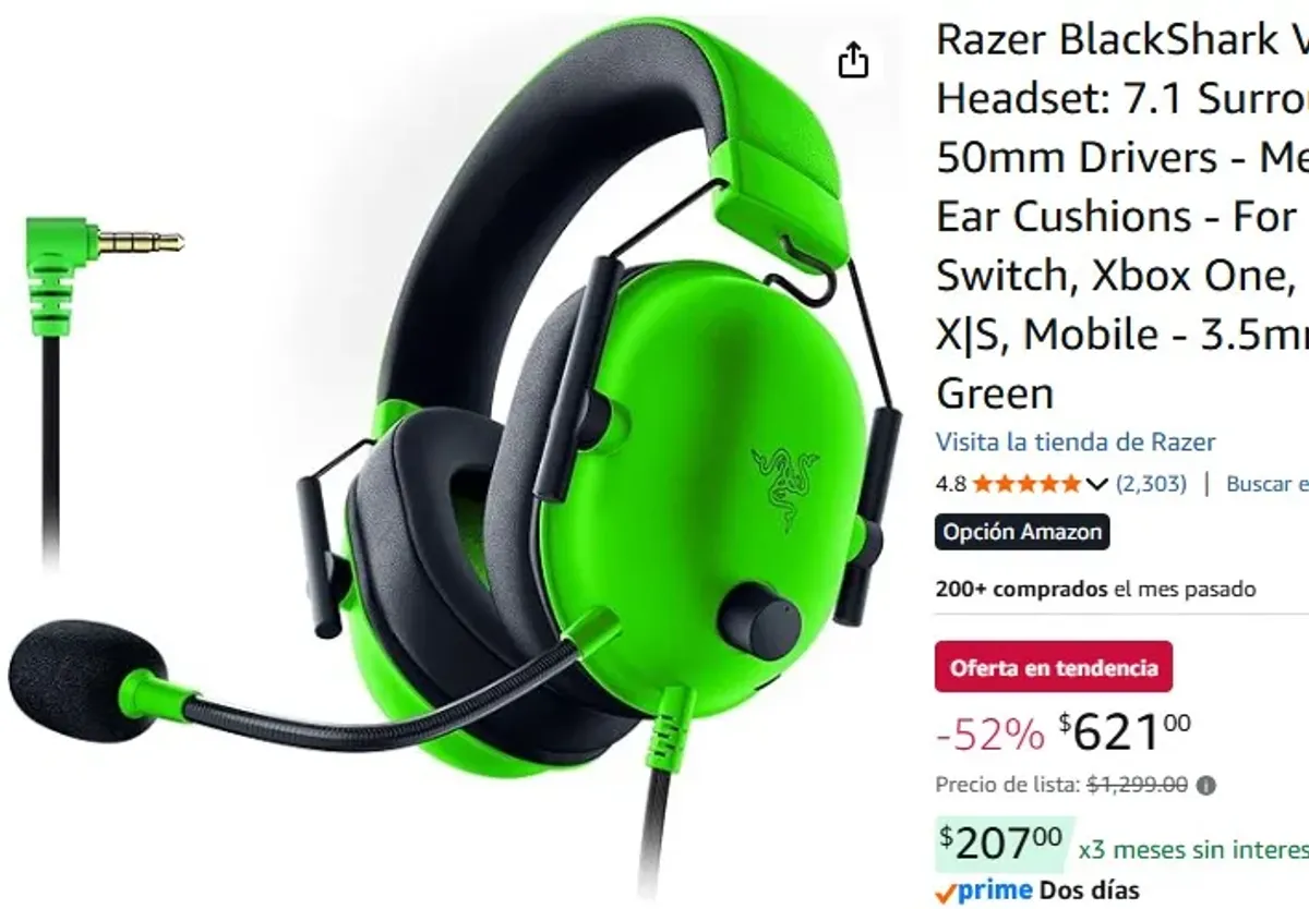 Razer BlackShark V2 X Gaming Headset: 7.1 Surround Sound - 50mm Drivers - Memory Foam Ear Cushions - For PC, PS5, PS4, Switch, Xbox One, Xbox Series X|S, Mobile - 3.5mm Audio Jack - Green