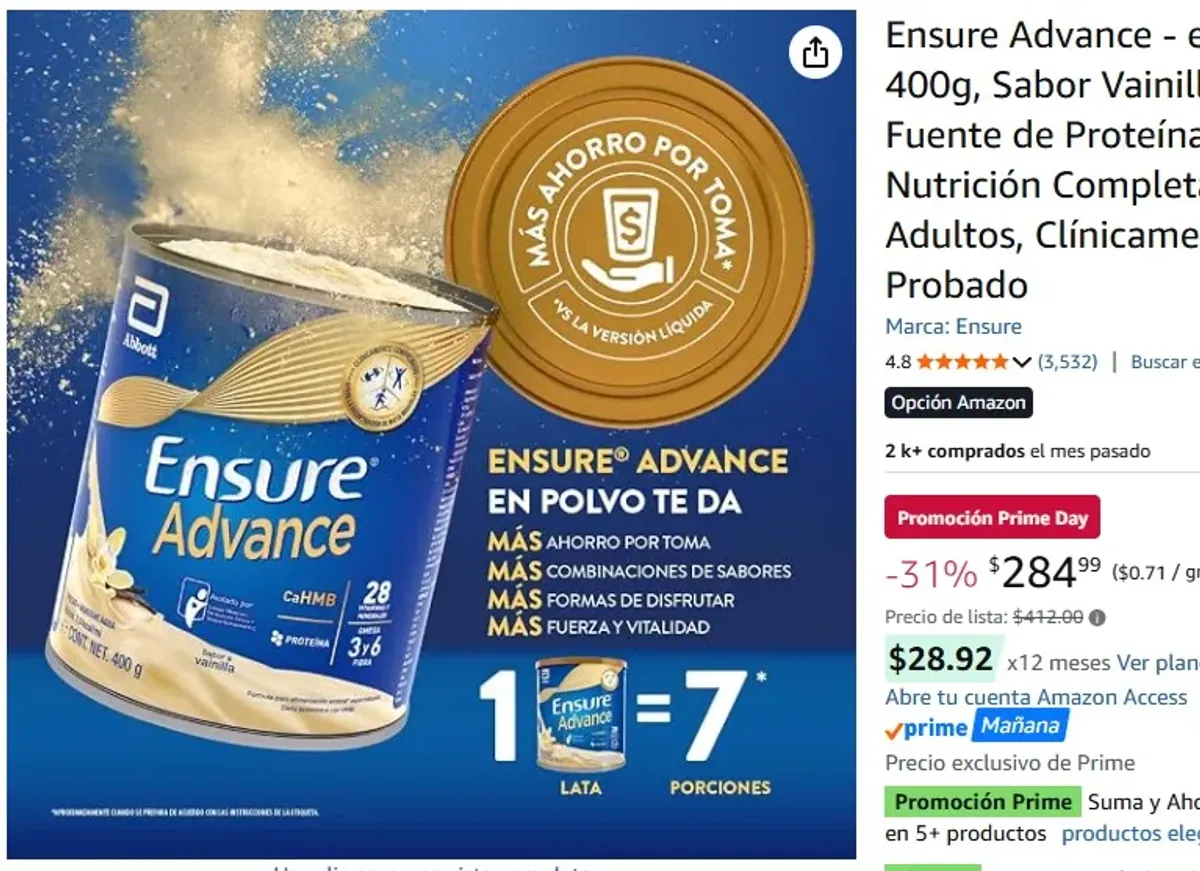 Ensure Advance - en Polvo 400g, Sabor Vainilla, Fuente de Proteínas y Nutrición Completa para Adultos, Clínicamente Probado