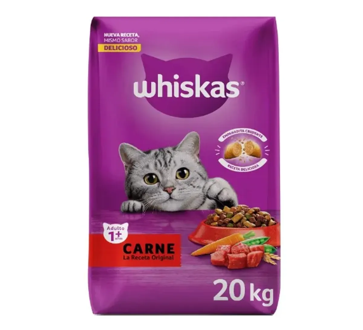 WHISKAS - Croquetas para Gatos Adultos, Sabor Carne, Omega 6 y Aminoácidos, Paquete de 20Kg