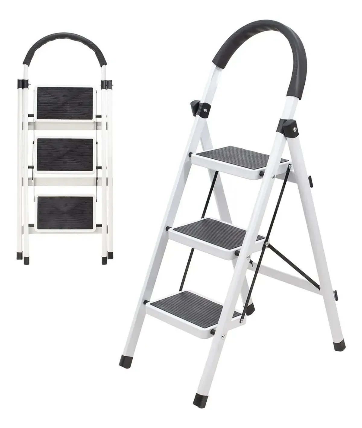 Escalera Acero Tijera Tubular 3 Peldaños Plegable Portátil Blanco