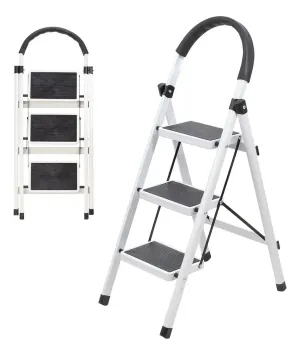 Escalera Acero Tijera Tubular 3 Peldaños Plegable Portátil Blanco