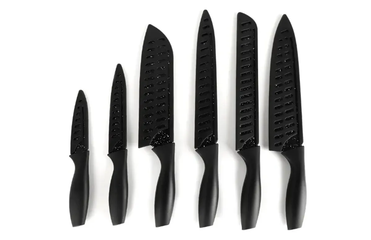 CASA LITUS Cuchillos de Cocina con Funda (6 Piezas), Fabricados en Acero Inoxidable. Incluyen: Cuchillo Cocinero, Cuchillo para Pan, Santoku, Cuchillo para Picar, Cuchillo Multiusos y Cuchillo Pelador