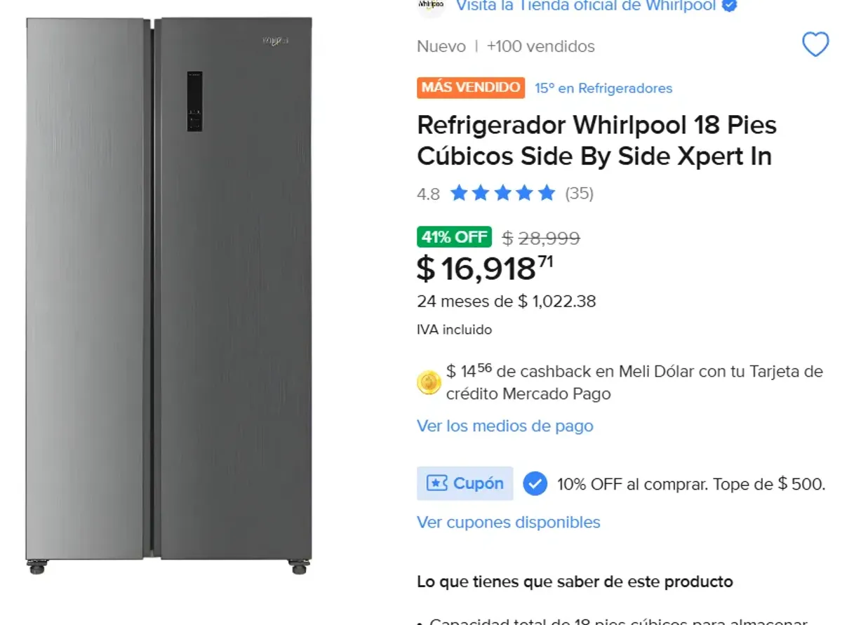 Refrigerador Whirlpool 18 Pies Cúbicos 