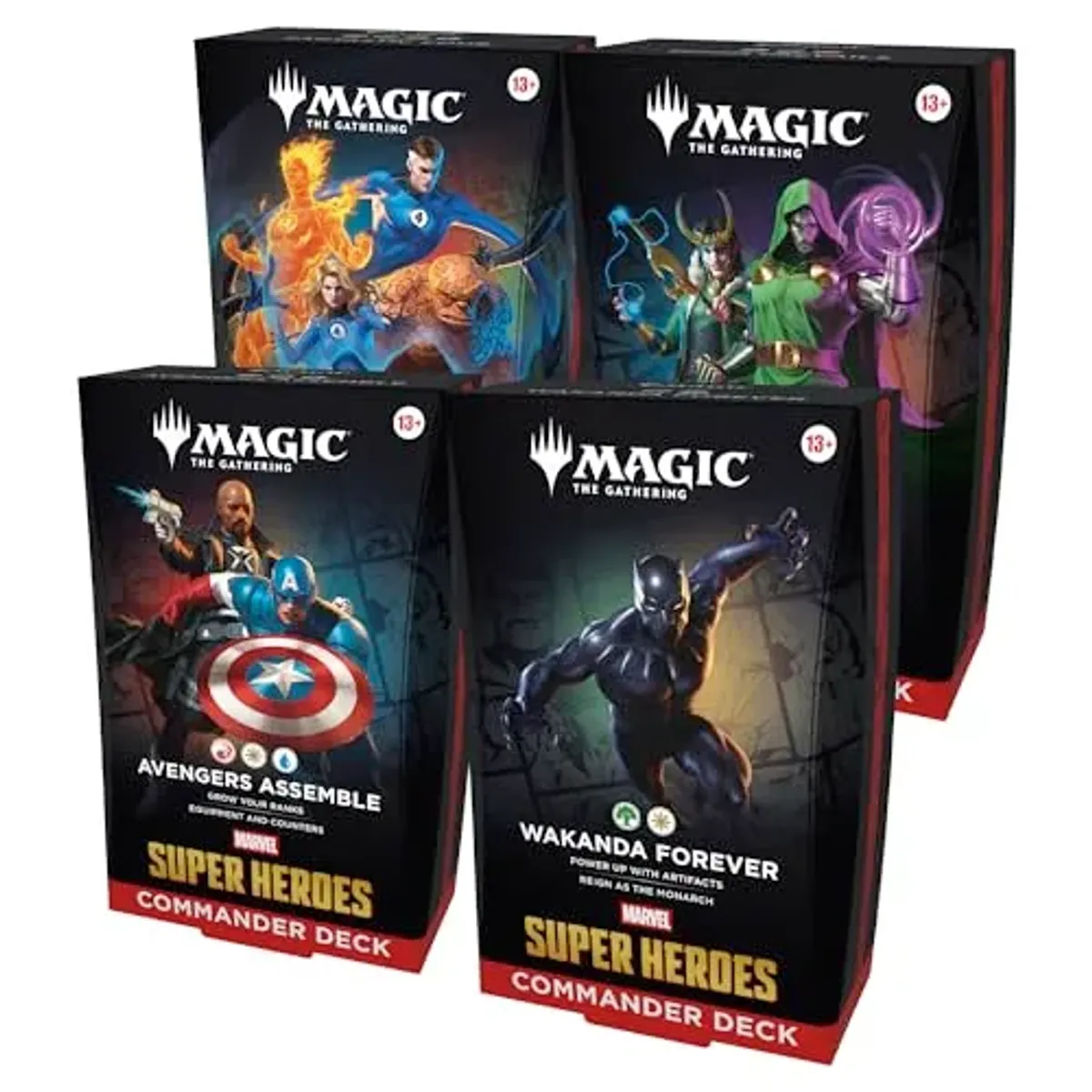 Magic: The Gathering - Paquete de mazos de Comandante de Marvel Super Heroes - Incluye Las 4 Cubiertas (Los Vengadores ensamblan, Wakanda Forever, Los Cuatro Fantásticos, Doom Prevails)