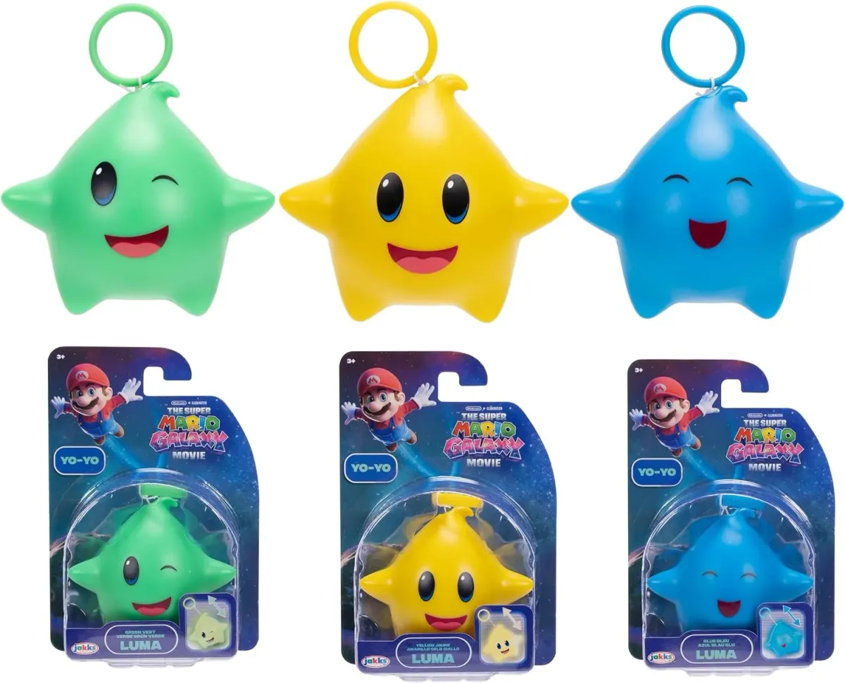 JAKKS Pacific Super Mario Galaxy Movie Set 3 Luma Star Yo-Yo Azul, Verde y Amarillo, Brillan en la Oscuridad, Retráctiles, +3 Años