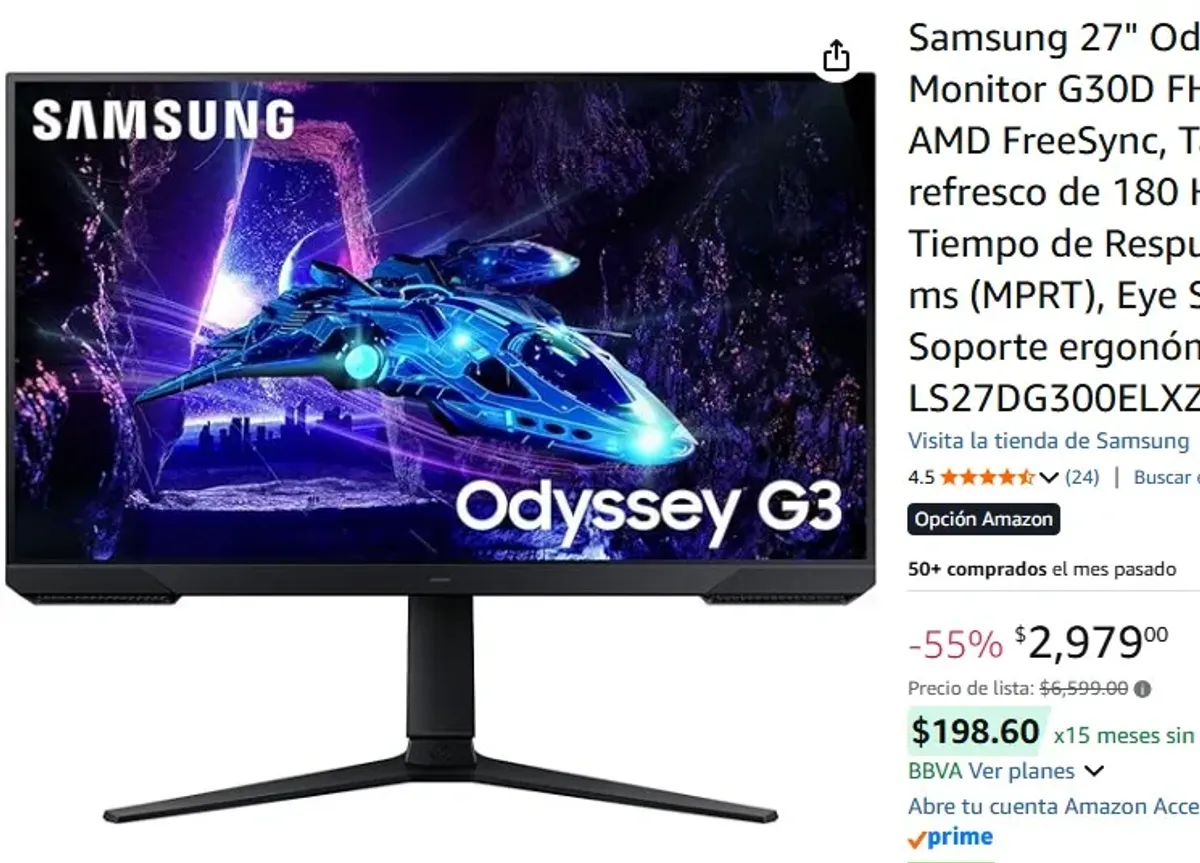 Samsung 27" Odyssey Monitor G30D FHD 180Hz, AMD FreeSync, Tasa de refresco de 180 Hz y Tiempo de Respuesta de 1 ms (MPRT), Eye Saver, Soporte ergonómico LS27DG300ELXZX