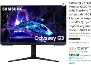 Samsung 27" Odyssey Monitor G30D FHD 180Hz, AMD FreeSync, Tasa de refresco de 180 Hz y Tiempo de Respuesta de 1 ms (MPRT), Eye Saver, Soporte ergonómico LS27DG300ELXZX