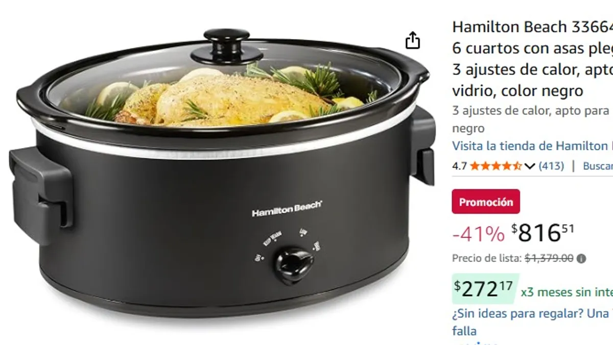Hamilton Beach 33664 - Olla de cocción lenta de 6 cuartos con asas plegables que ahorran espacio, 3 ajustes de calor, apto para lavaplatos y tapa de vidrio, color negro