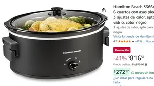 Hamilton Beach 33664 - Olla de cocción lenta de 6 cuartos con asas plegables que ahorran espacio, 3 ajustes de calor, apto para lavaplatos y tapa de vidrio, color negro