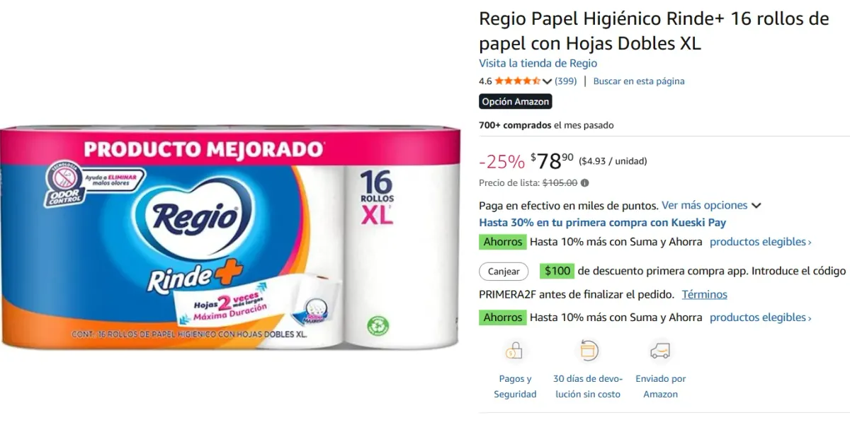 Papel Higiénico Rinde+ 16 rollos de papel con Hojas Dobles XL