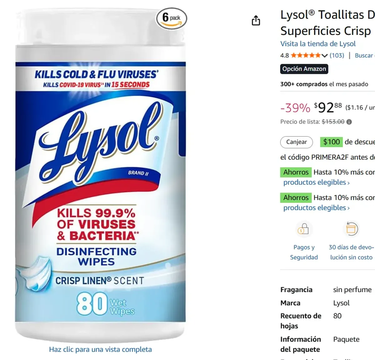 Toallitas Desinfectantes para Superficies 80 pz