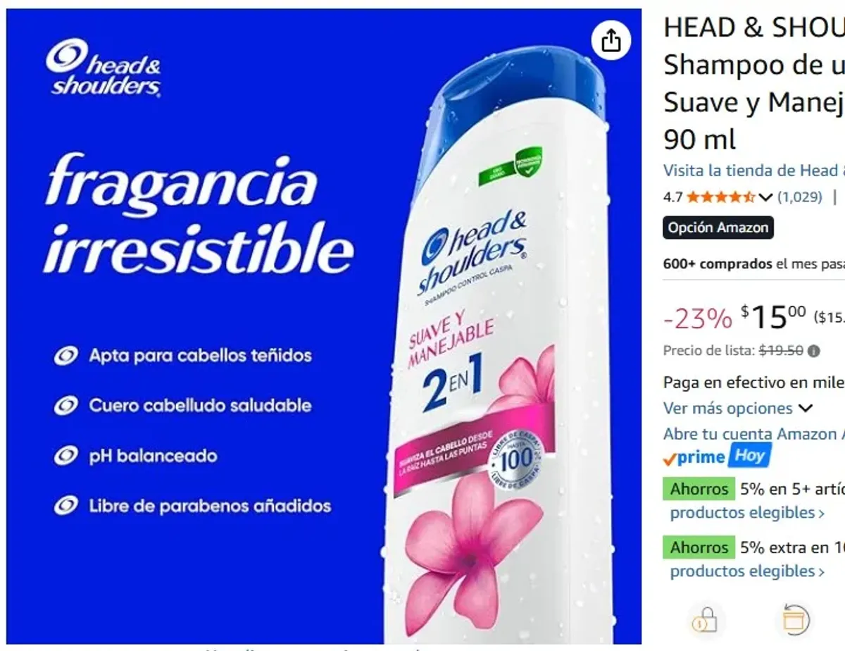 HEAD & SHOULDERS, Shampoo de uso diario, Suave y Manejable 2 en 1, 90 ml
