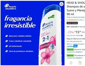 HEAD & SHOULDERS, Shampoo de uso diario, Suave y Manejable 2 en 1, 90 ml