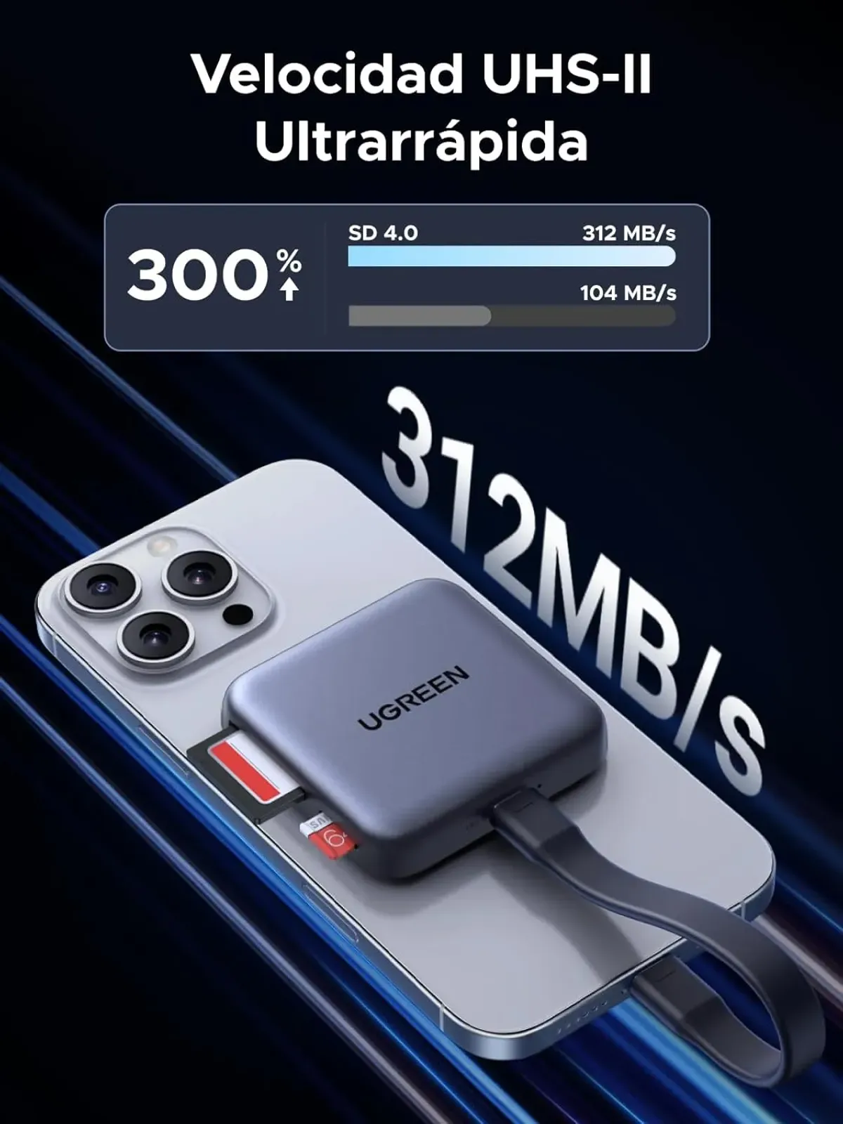 UGREEN - Lector magnético de tarjetas SD 4.0 UHS II 312MB/s con PD 100W Carga Adaptador Tarjeta MicroSD de Aluminio Card Reader Compatible con iPhone 16 Plus Pro Max 15 Galaxy S25 iPad Pro MacBook Air