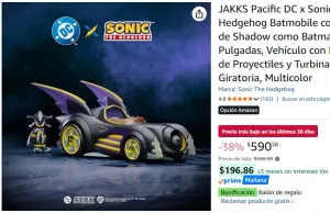 JAKKS Pacific DC x Sonic The Hedgehog Batmobile con Figura de Shadow como Batman de 2.5 Pulgadas, Vehículo con Lanzador de Proyectiles y Turbina Giratoria, Multicolor