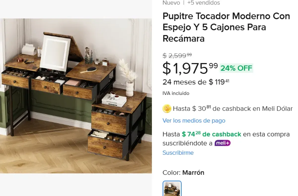 Tocador Con Espejo Y 5 Cajones 