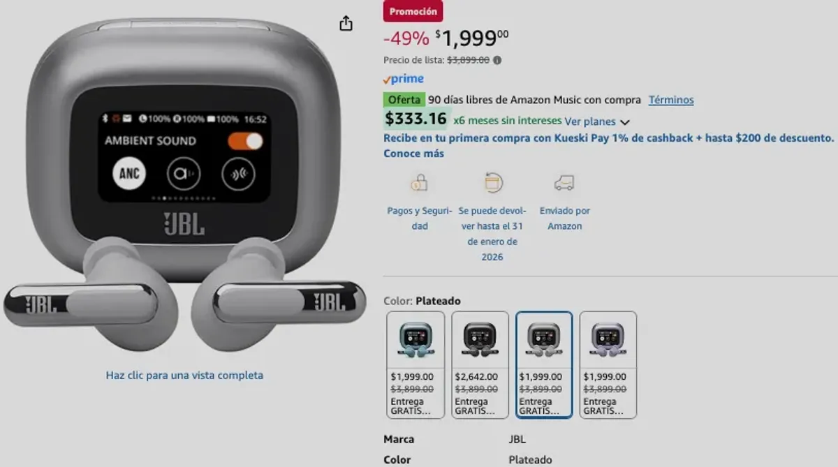 JBL Live Beam 3 Audífonos Inalámbricos NC Bluetooth, Drivers de 10mm, Reproducción 48 Horas, Pantalla Táctil - Plata