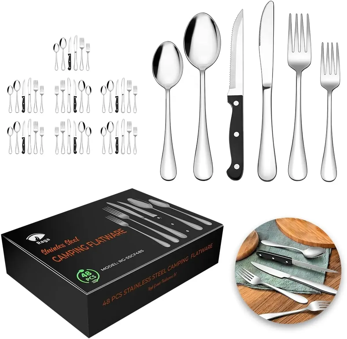 Raganet, Juego de 48 Cubiertos de Acero Inoxidable, Grado Alimenticio, para 8 Personas con Cuchillo de Carne, Cuchillo Normal, 2 Tenedores y 2 Cucharas