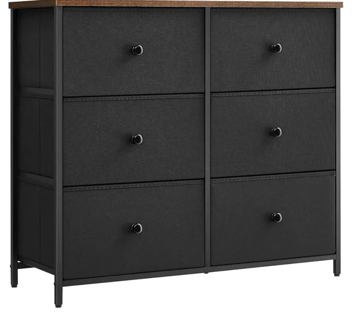 SONGMICS Cómoda con Cajones de Tela, Aramrio de Almacenamiento con 6 Cajones, Sala de Estar, Dormitorio, Pasillo, Negro y Marrón Rústico MLTS323B01