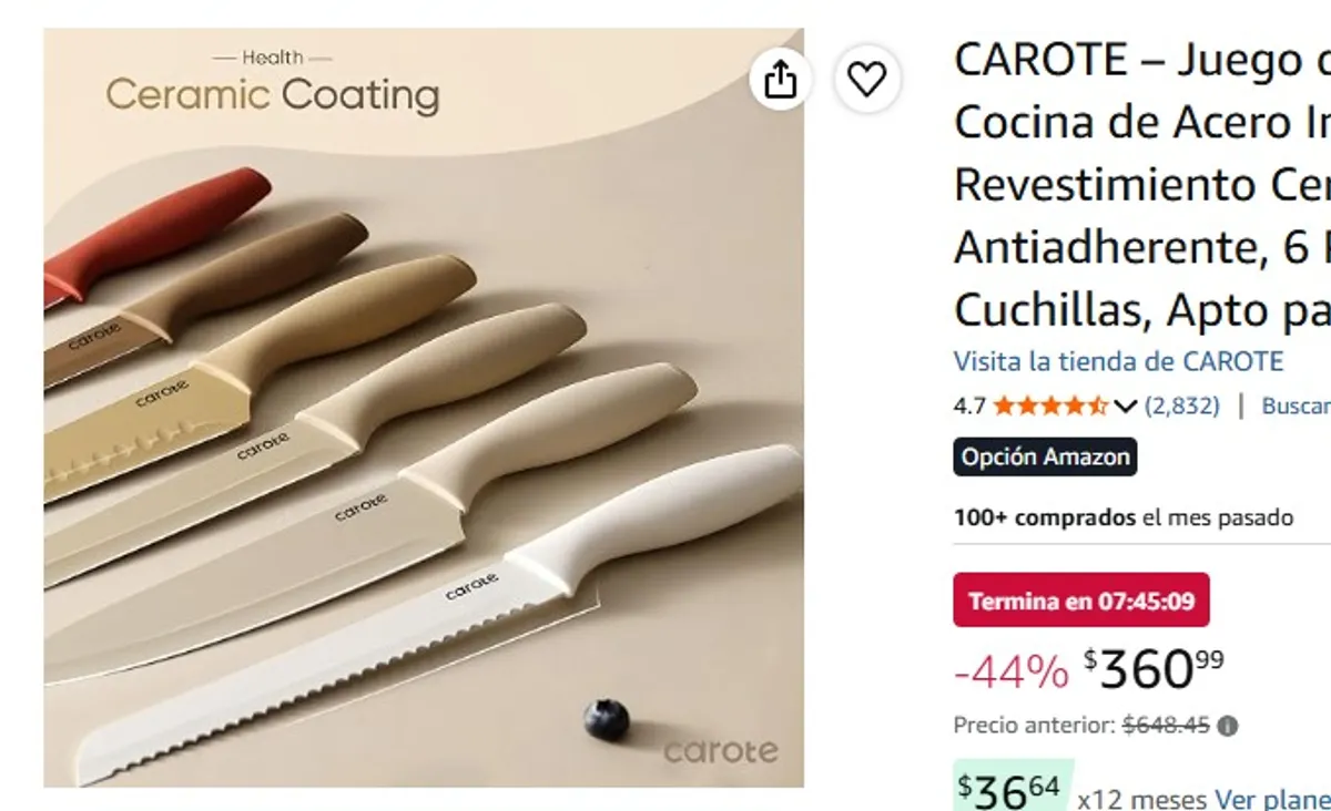 CAROTE – Juego de Cuchillos de Cocina de Acero Inoxidable con Revestimiento Cerámico Antiadherente, 6 Protectores de Cuchillas, Apto para Lavavajillas