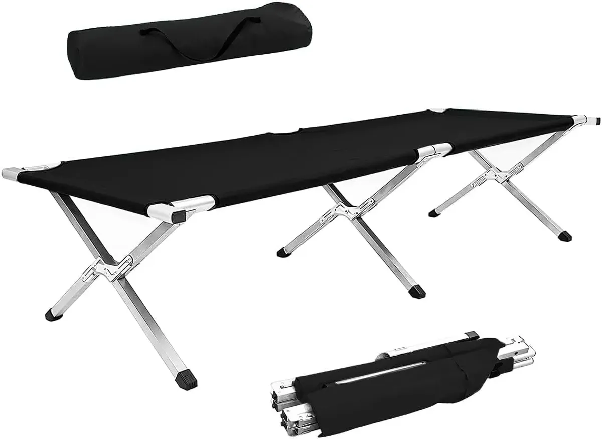 Raganet, Catre Plegable para Exteriores, Cama Portatil de 64 cm Ancho X 190 cm Largo X 42 cm Alto, Cama de Campismo con Estructura de Aluminio (Negro)