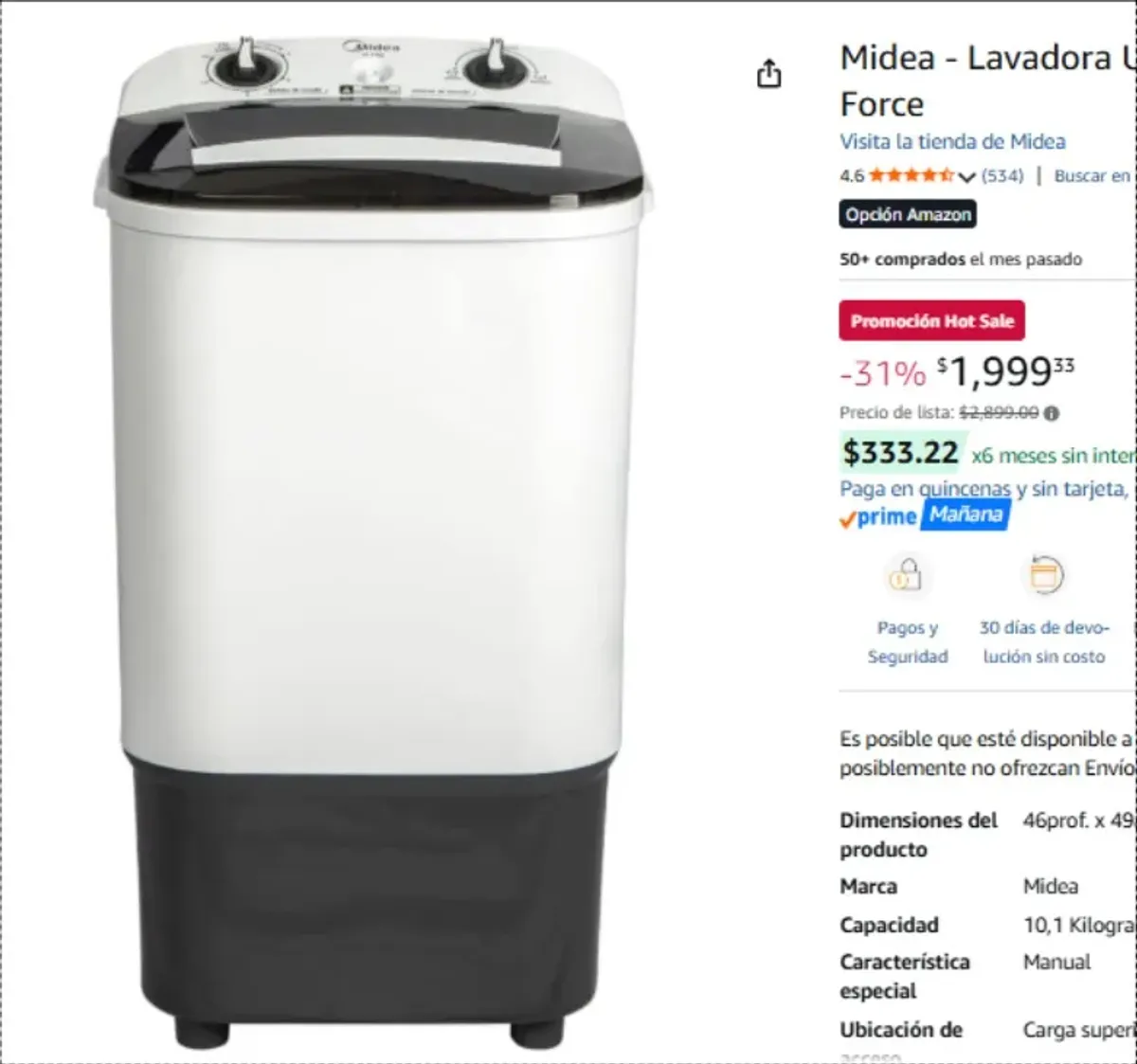 Midea - Lavadora Una Tina 10.1 kg Blanca Dual Force
