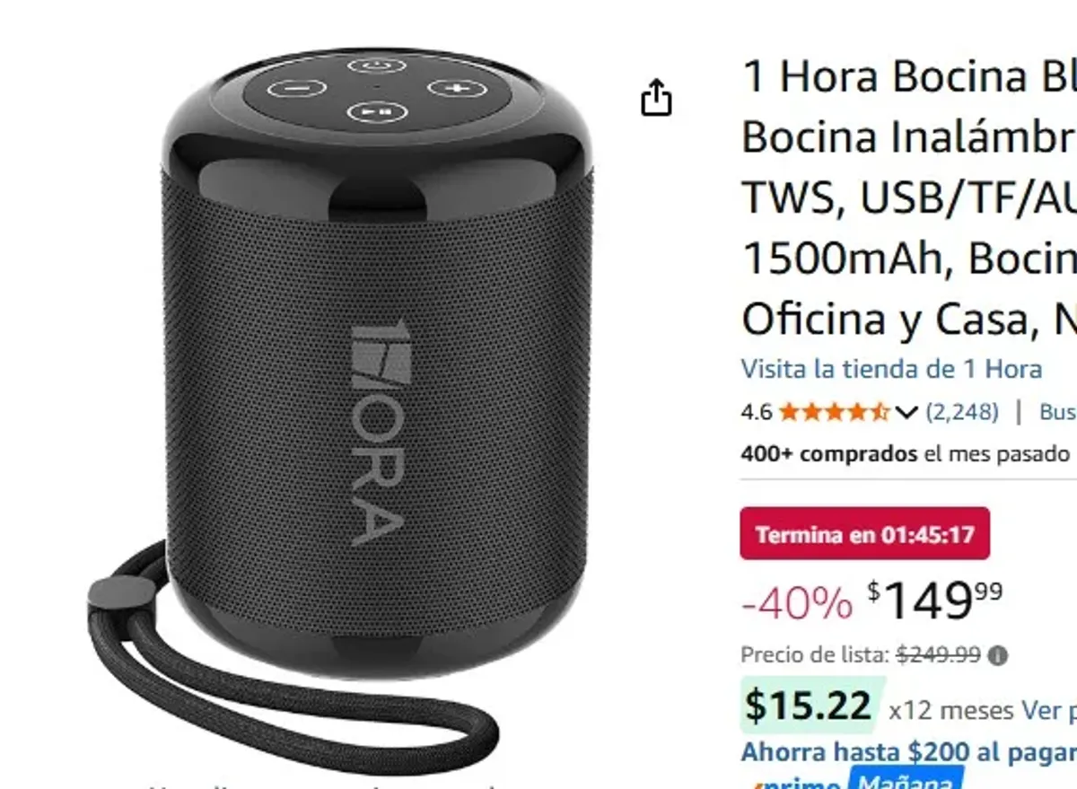1 Hora Bocina Bluetooth Portátil 5W, Mini Bocina Inalámbrica con USB-C, Radio FM, TWS, USB/TF/AUX, Manos Libres, Batería 1500mAh, Bocina Pequeña para Viaje, Oficina y Casa, Negro