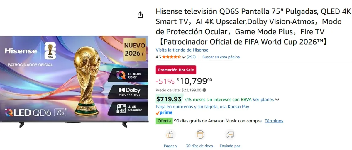 Hisense televisión 75“ QLED 4K Smart TV