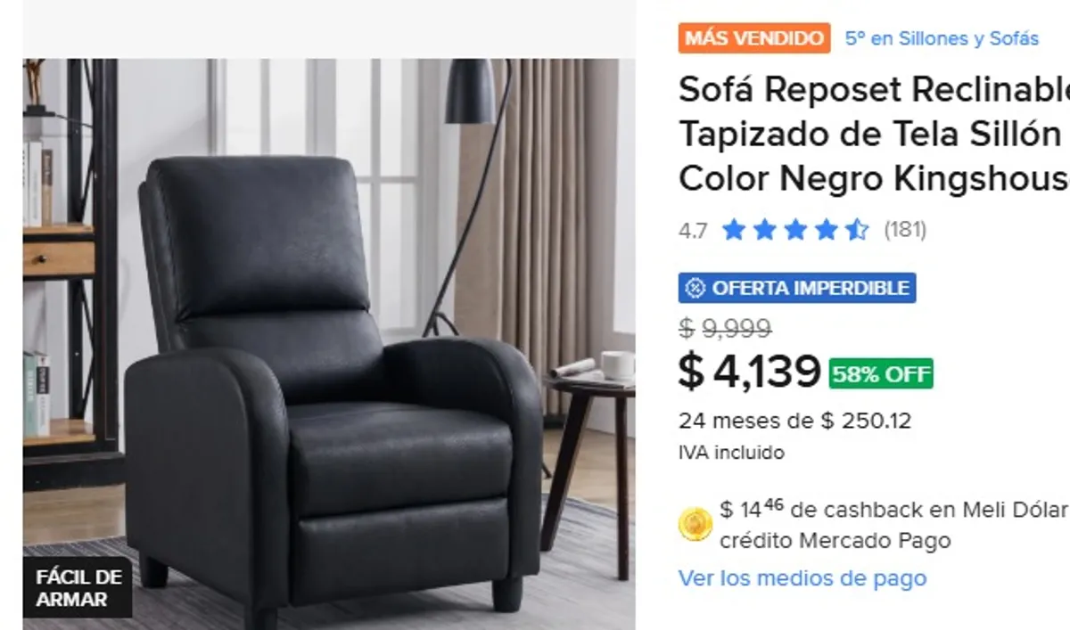 Sofá Reposet Reclinable Individual Tapizado de Tela Sillón Acolchado Color Negro Kingshouse