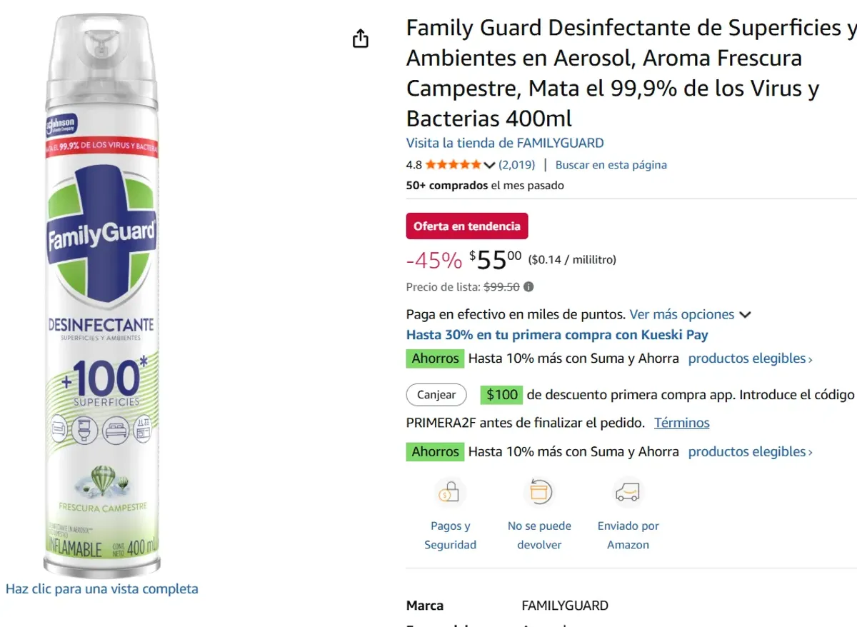 Desinfectante de Superficies y Ambientes en Aerosol,  400ml