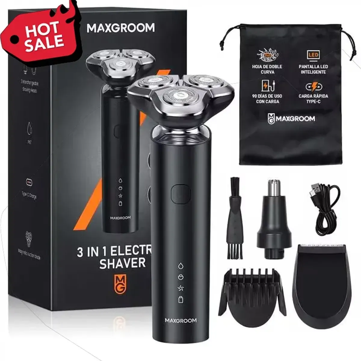Rasuradora Electrica Recargable Afeitadora Hombre 3 En 1 Para Barba Y Nariz Mini Portatil De Viaje Impermeable Kit De Peluqueria Con Cargador USB, Uso Seco Humedo LED