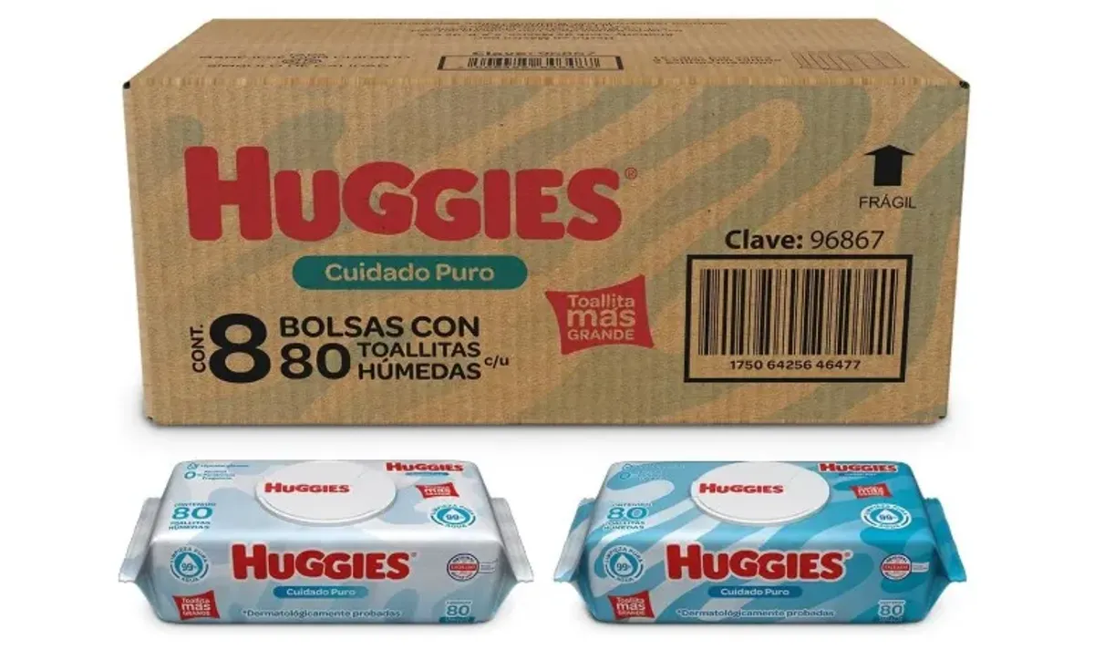 Huggies Cuidado Puro Toallas Húmedas para Bebé, Caja con 640 Piezas (8 paquetes de 80 toallitas c/u)