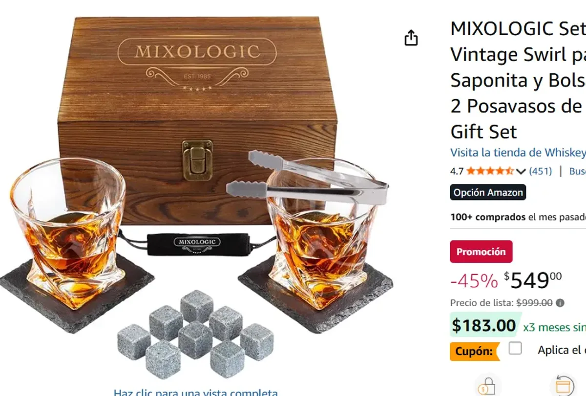 Set de Regalo con Vasos de Vidrio, 8 Hielos de Piedra Saponita y Bolsa Transportadora y mas