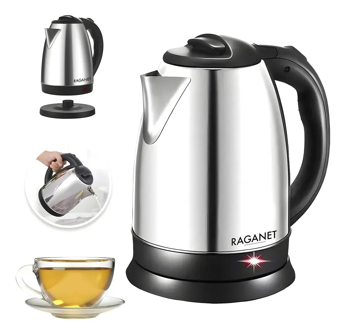 Tetera Eléctrica de Acero Inoxidable Hervidor De Agua 1.8 Lt. 1100 W Plateado