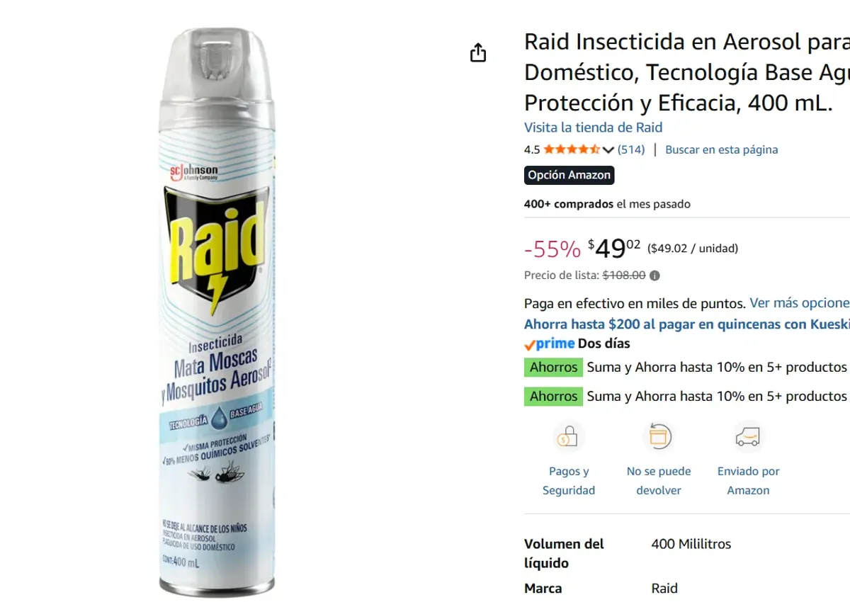 Raid Insecticida en Aerosol 400 mL.