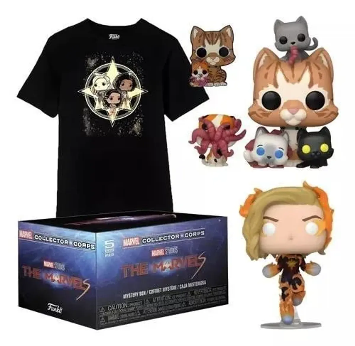 FUNKO COLLECTOR CORPS DE THE MARVELS A SOLO $310!!! SON DOS FUNKOS, PLAYERA, PIN Y STICKER!!! CORRAAAAAAAN