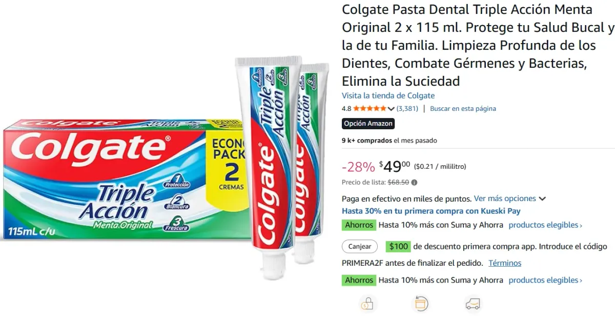 Pasta Dental Triple Acción Menta Original 2 x 115 ml. Protege tu Salud Bucal y la de tu Familia.