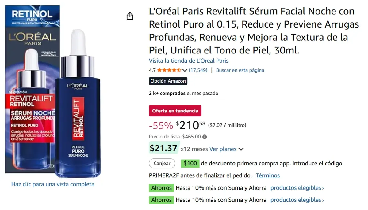 Sérum Facial Noche con Retinol Puro , 30ml.