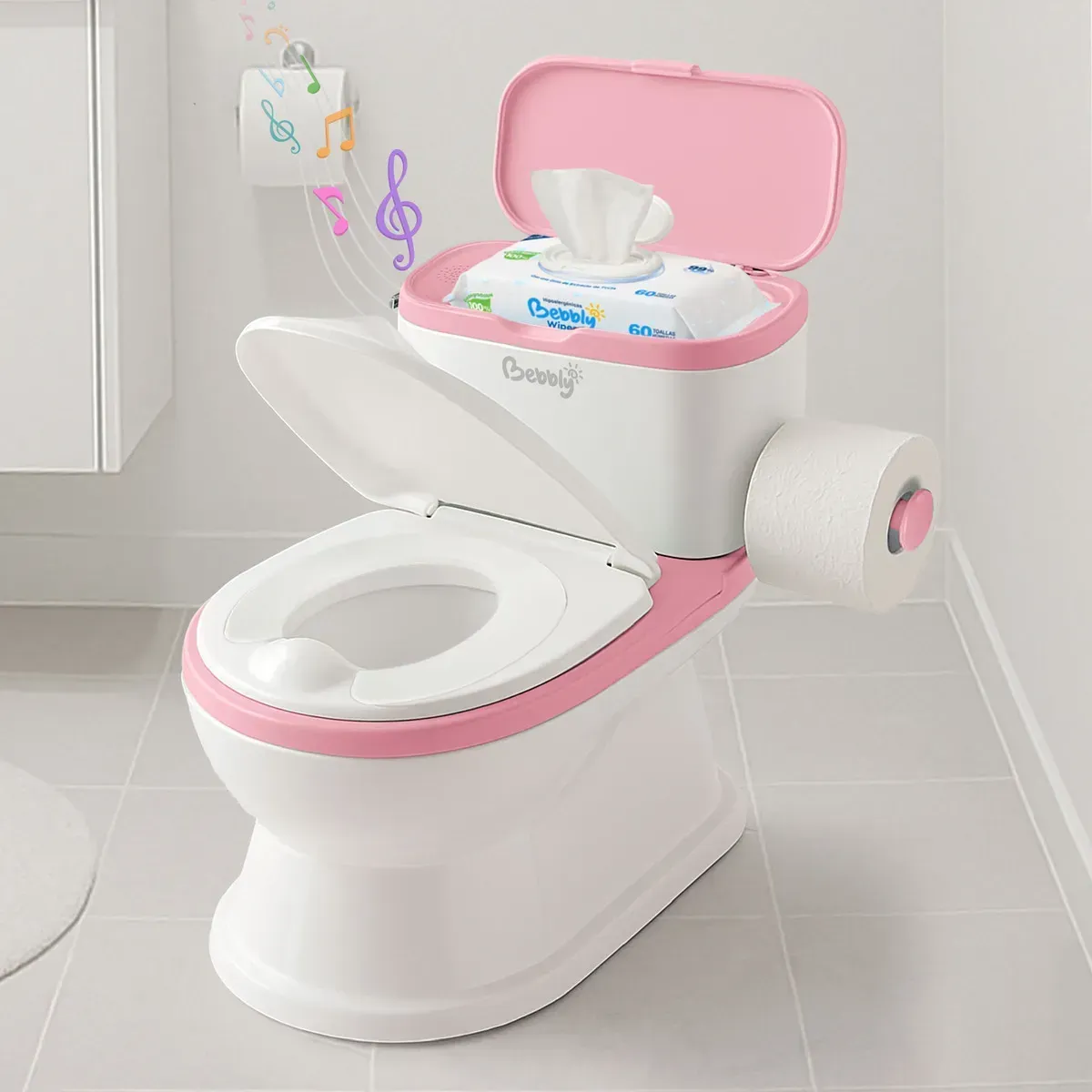Baño para Bebé entrenador infantil Bebbly con sonido porta papel higiénico almacenamiento base antideslizante y protector para niños de 1 a 3 años Color Rosa