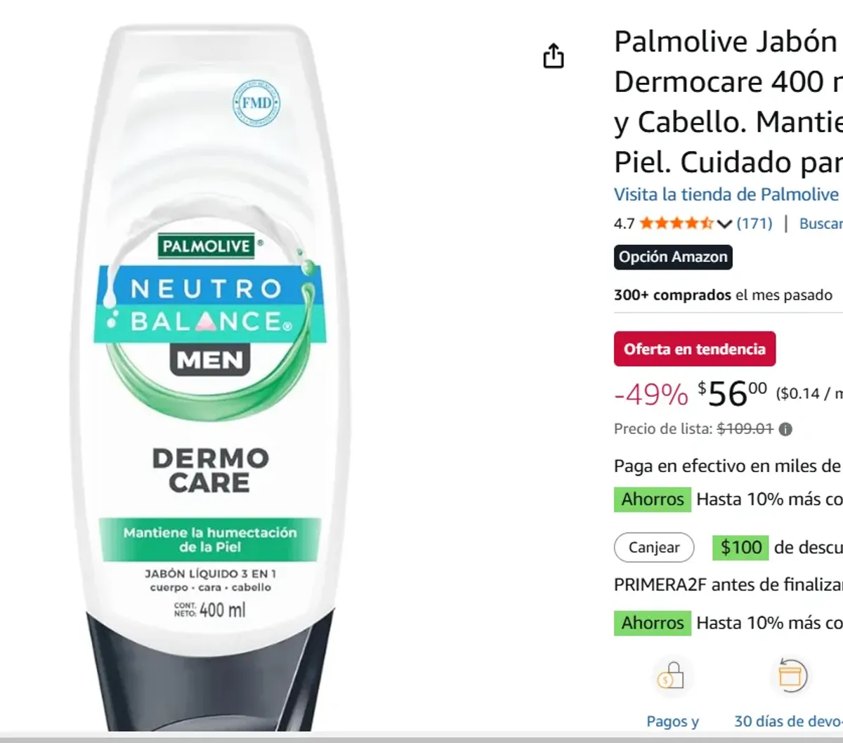 Jabón Líquido Neutro Balance Dermocare 400 ml.