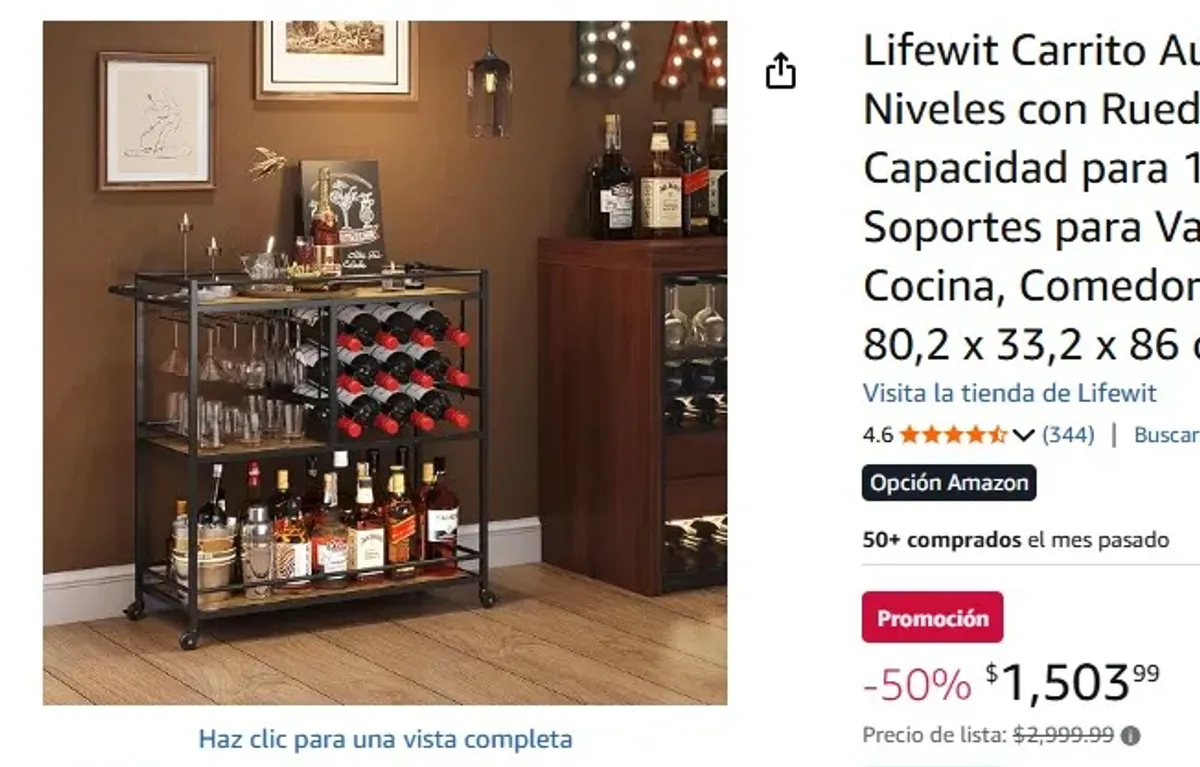 Lifewit Carrito Auxiliar, Barra de 3 Niveles con Ruedas bloqueables, Capacidad para 12 Botellas y Soportes para Vasos, Ideal para Cocina, Comedor y Sala de Estar, 80,2 x 33,2 x 86 cm, Marrón rústico