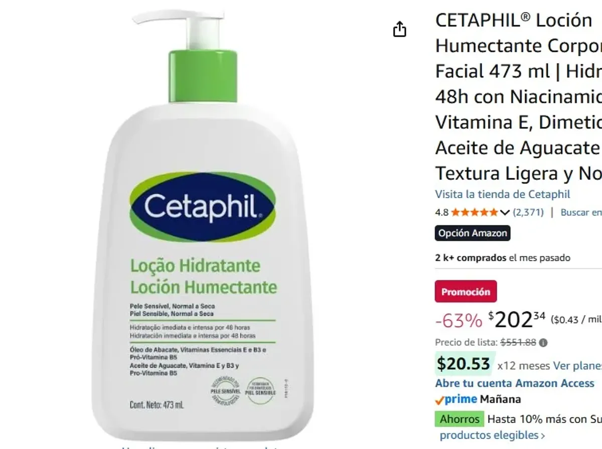 CETAPHIL® Loción Humectante Corporal y Facial 473 ml | Hidratación 48h con Niacinamida, Vitamina E, Dimeticona y Aceite de Aguacate | Textura Ligera y No Grasa