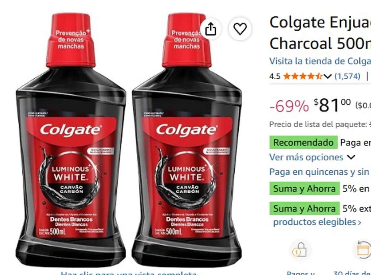 Colgate Enjuague Bucal Luminous White Charcoal 500ml (Paquete de 2)